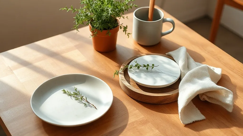Dessous de plat associant une surface en marbre blanc et une base en bois naturel, posé sur une table en chêne clair à côté d'une cocotte en fonte
