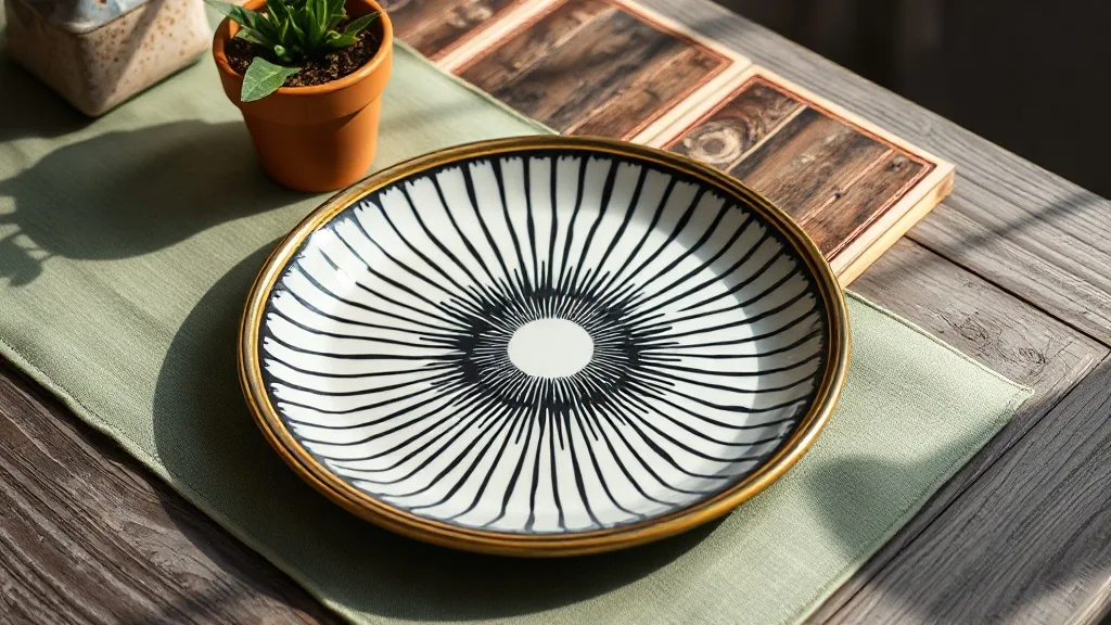 Assiette décorative noir et blanc avec motif rayon de soleil, bordure dorée sur fond de table en bois