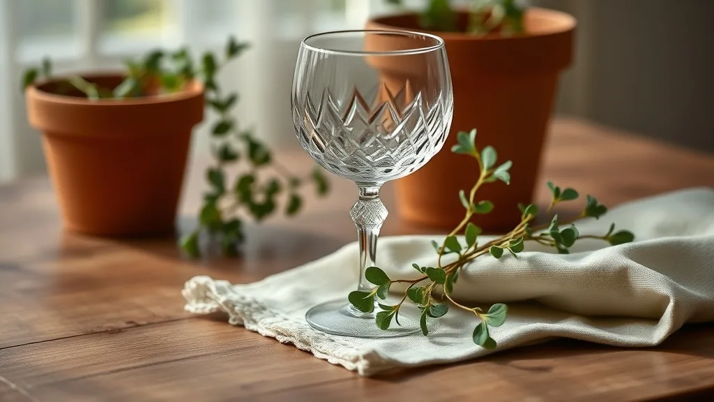 Un verre à vin à pied style speakeasy posé sur une table en bois, la lumière traversant ses facettes