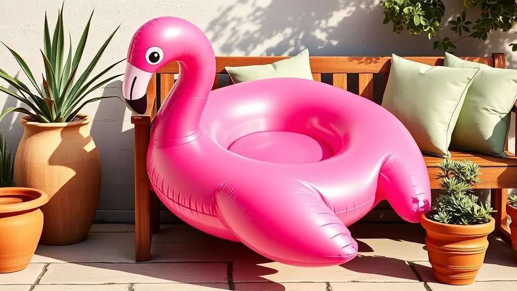 Flamant rose géant gonflable flottant sur une piscine, entouré d'accessoires de jardin colorés