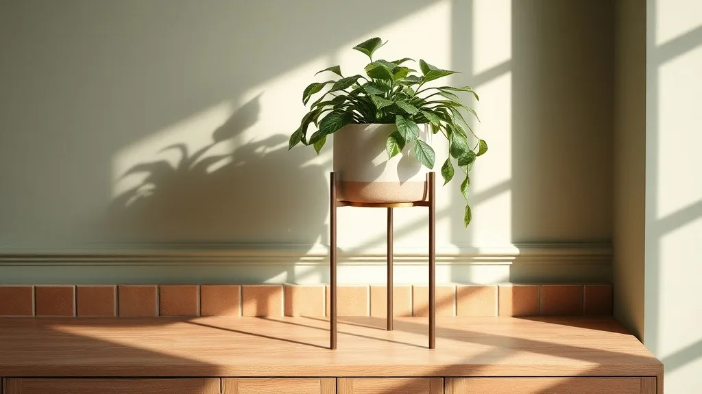 Pot d'intérieur en laiton sur support en métal marron, avec une plante verte, près d'une fenêtre