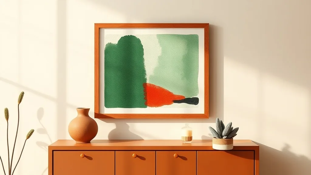 Affiche d'art abstrait mêlant vert profond et rouge terre dans un cadre en bois naturel, suspendue sur un mur blanc cassé
