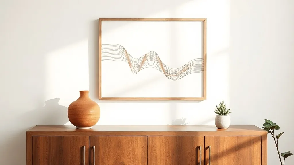 Affiche encadrée d'art linéaire aux traits abstraits ocre sur fond blanc, posée sur une commode en bois clair à côté d'un vase en grès