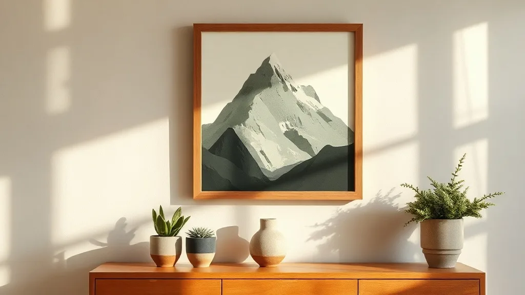 Affiche décorative géométrique représentant des montagnes graphiques avec un soleil, encadrée sur un mur blanc