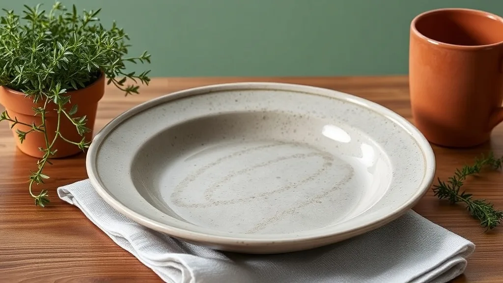 Assiette creuse effet pierre de 24 cm, émail réactif brun et beige, posée sur une table en bois brut, lumière naturelle