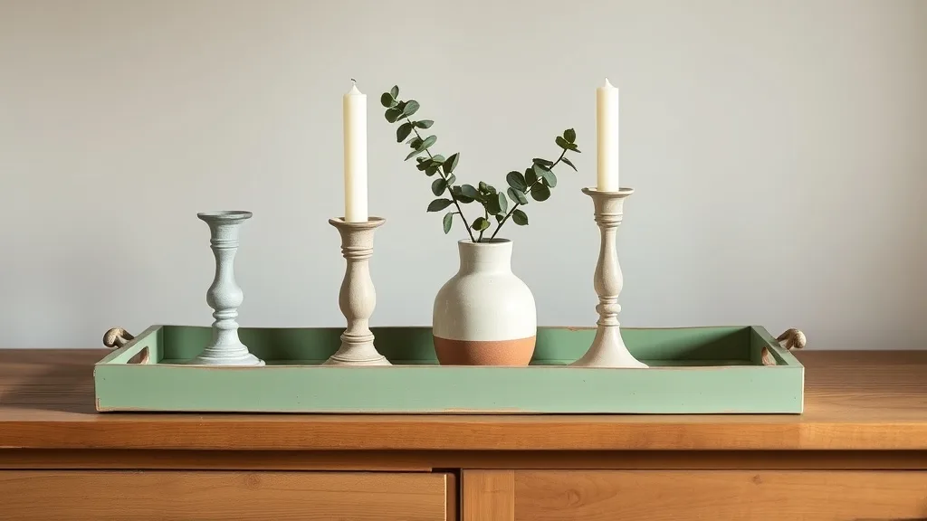 Cinq bougeoirs en bois vert et un vase assorti disposés sur un plateau en bois peint