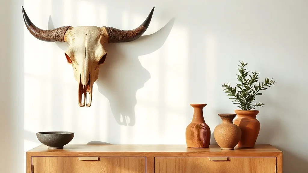 Crâne de buffle sculpté à la main posé sur une console en bois massif, lumière rasante