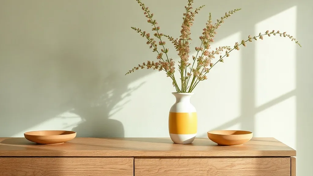 Vase en céramique jaune citron et blanc cassé, forme géométrique douce, posé sur un meuble en bois clair avec quelques branches de mimosa.