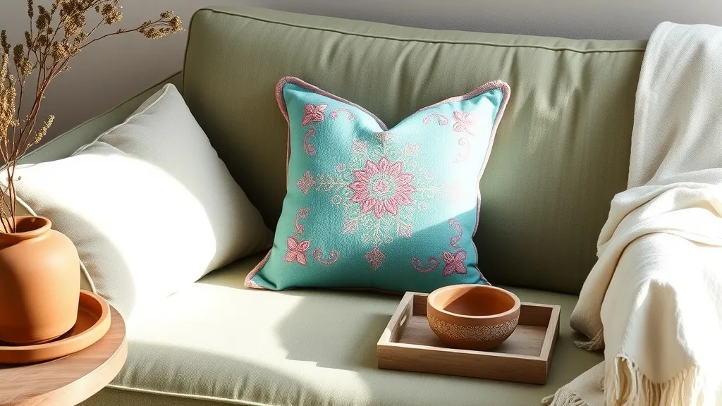 Coussin brodé Trichord turquoise et rose : ce qu’il change dans un intérieur