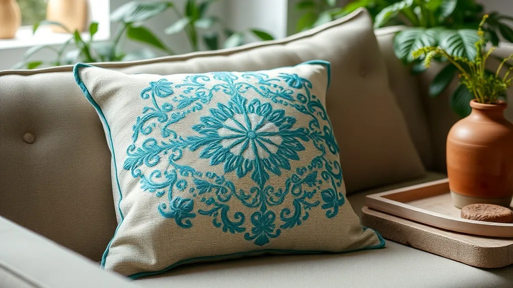 Coussin brodé trichord turquoise : le charme du gros fil qui dure