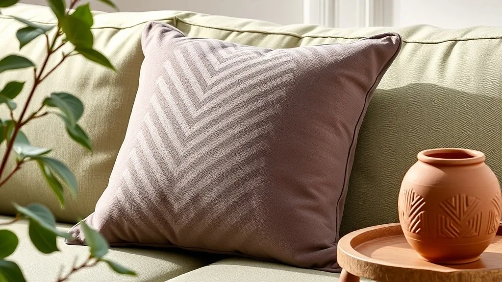 Coussin en velours chevron gris chaud posé sur un fauteuil club en cuir usé, lumière du jour
