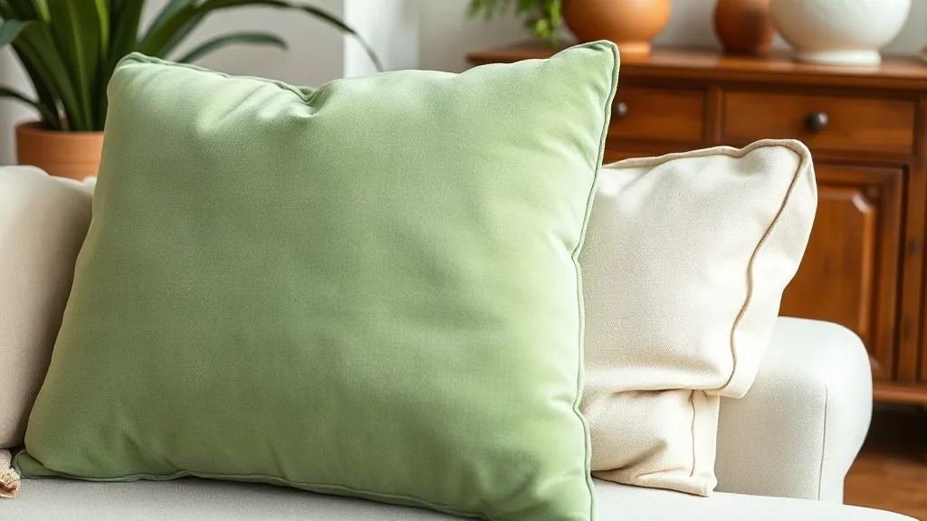 Coussin large en tissu velours vert posé sur un fauteuil en bois, lumière naturelle traversant la pièce