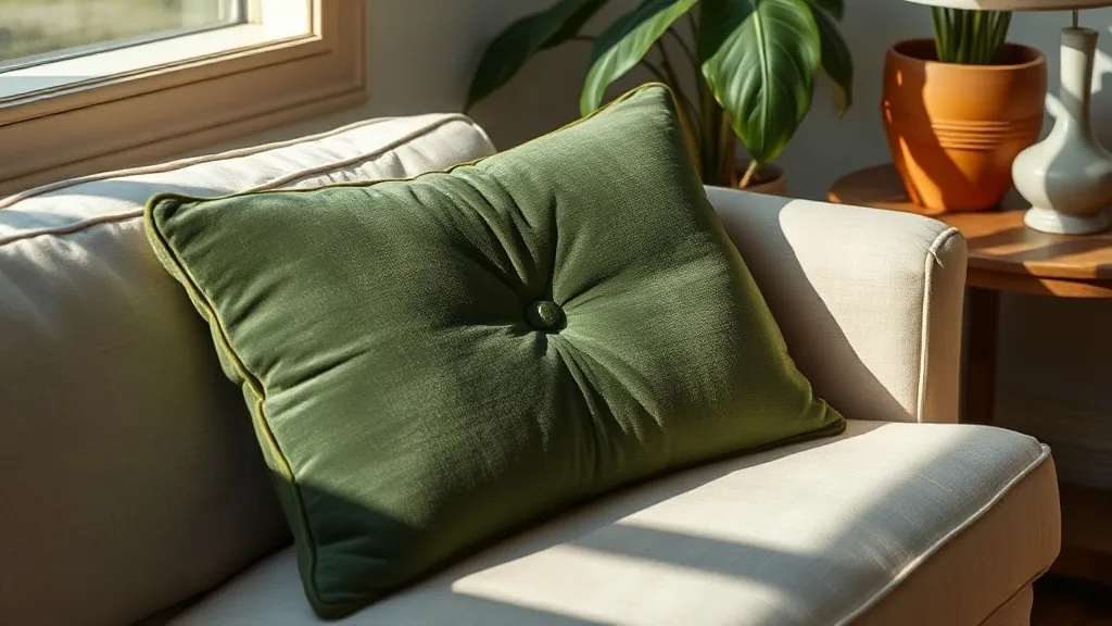 Coussin poète vert foncé à bouton unique, capitonné, posé sur un canapé en lin clair, lumière naturelle