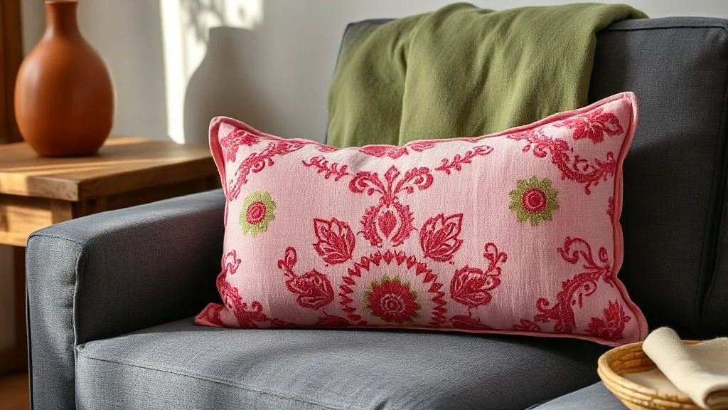Coussin polochon brodé Suzani rose : un bijou textile à garder