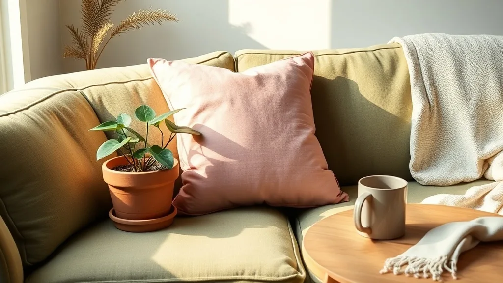 Coussin rose scandinave avec inscription Be Awesome posé sur un canapé en tissu gris clair