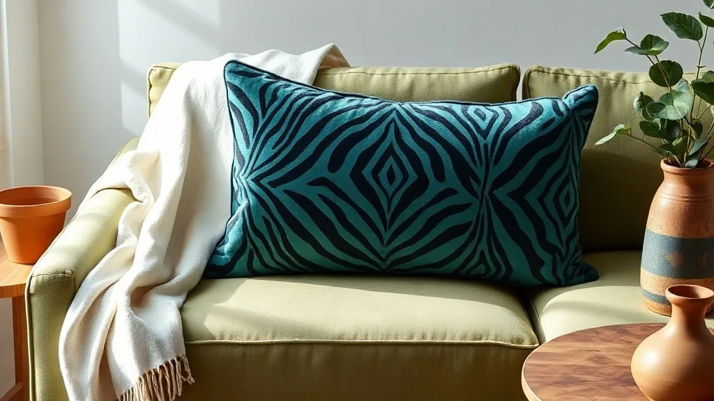 Coussin zèbre en velours bleu sarcelle : l'accessoire qui tient tête