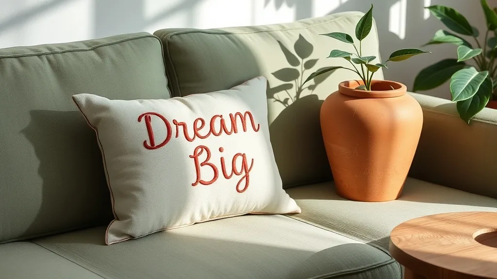 Un coussin en tissu gris clair posé sur un canapé, avec l'inscription Dream Big en lettres blanches élégantes.