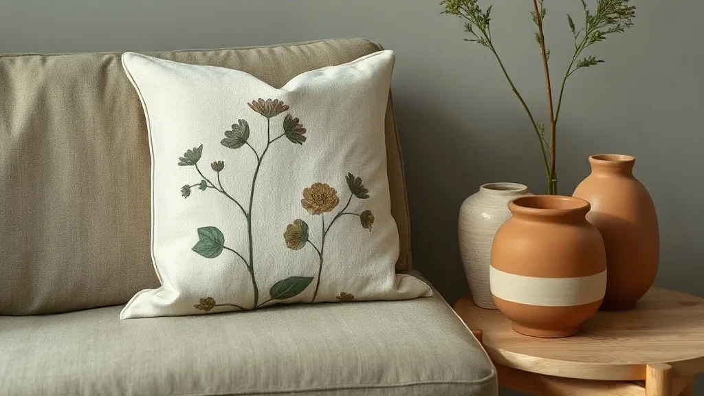 Coussin en coton et lin affichant un imprimé botanique vieilli, mêlant fleurs séchées, graminées et un papillon sur un fond beige clair, posé au creux d'un fauteuil en velours