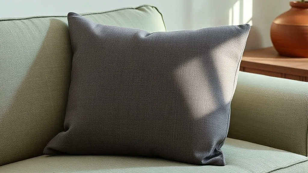 Coussin zigzag gris graphite posé sur un canapé en lin naturel, lumière douce