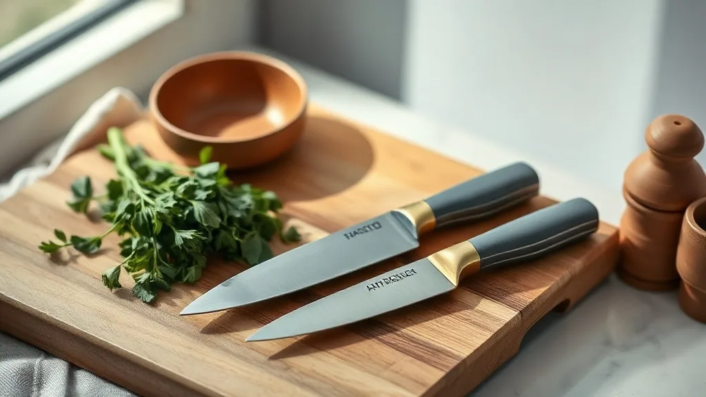 Quatre couteaux de cuisine aux manches gris et or alignés sur une planche à découper en bois clair.
