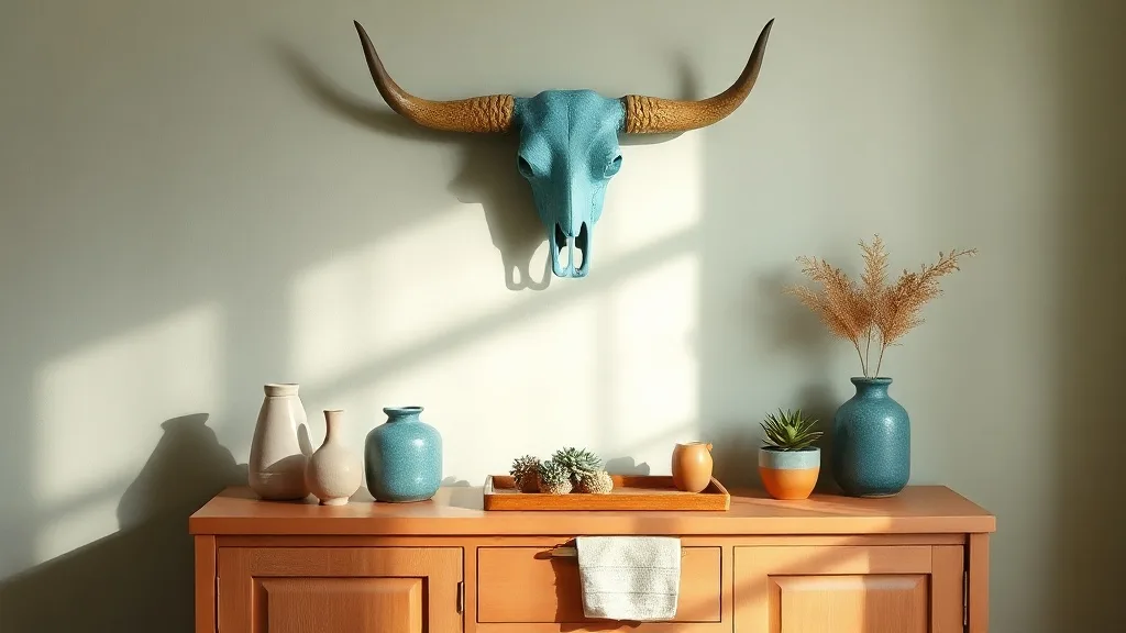 Crâne de buffle en métal turquoise accroché au mur, éclairage tamisé