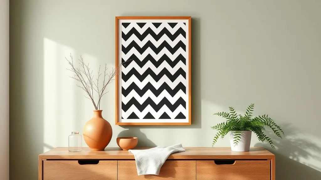 Affiche encadrée motif chevron noir et blanc format A2, cadre en bois, fixée sur un mur blanc
