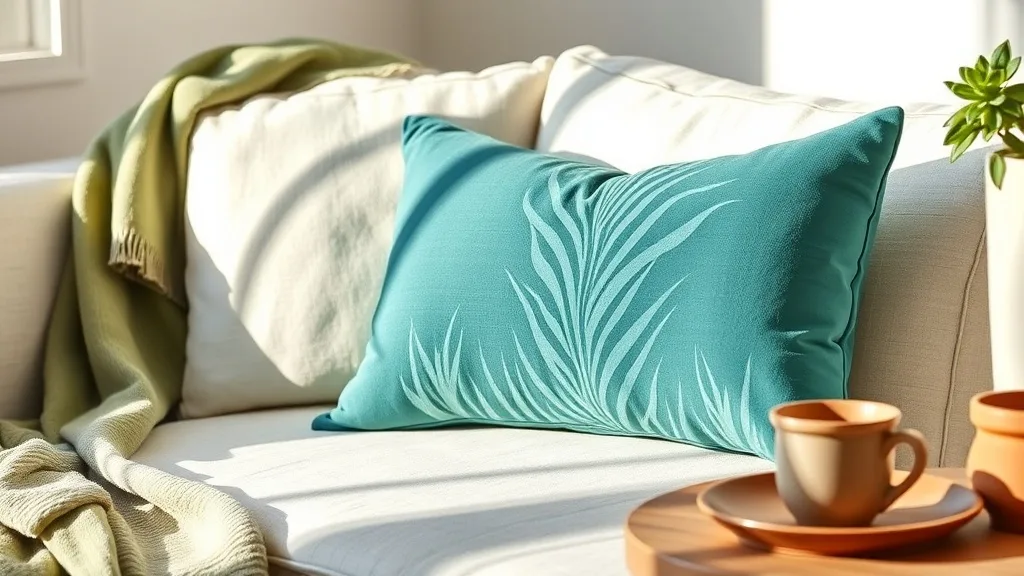 Coussin en velours bleu sarcelle à motif zèbre posé sur un canapé gris clair, lumière du jour.