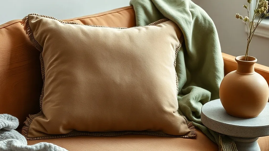 Coussin en velours taupe avec bordure cannelée posé sur un canapé en lin clair, éclairé par une lumière douce.