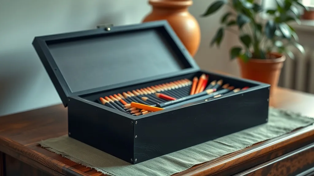 Grande boîte à crayons noire en bois : le rangement qui se bonifie avec le temps