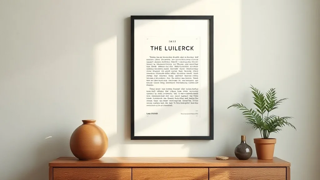 Affiche typographique sobre avec le message Be Awesome Today, encadrée d'un bois noir fin posé sur un buffet en chêne, lumière douce