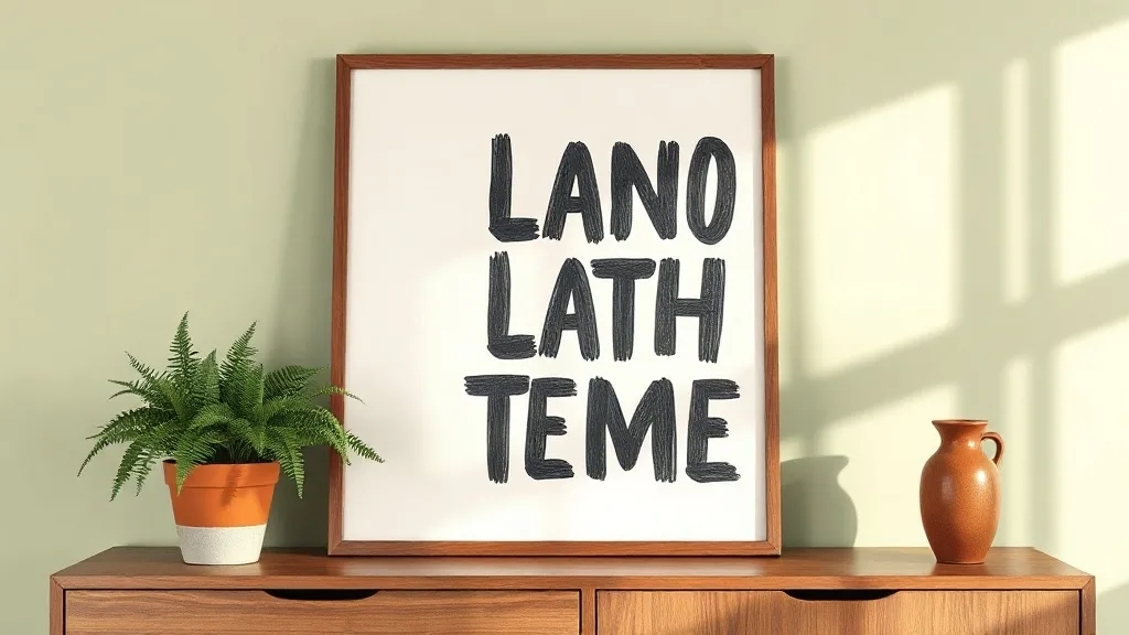Une affiche typographique encadrée de bois clair, posée contre un mur peint en blanc cassé, laissant voir un jeu d'ombre douce sur le pourtour.