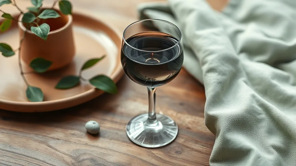Un verre long drink gris fumé posé sur un plan de travail en bois, à côté d’une carafe d’eau et d’un torchon en lin.