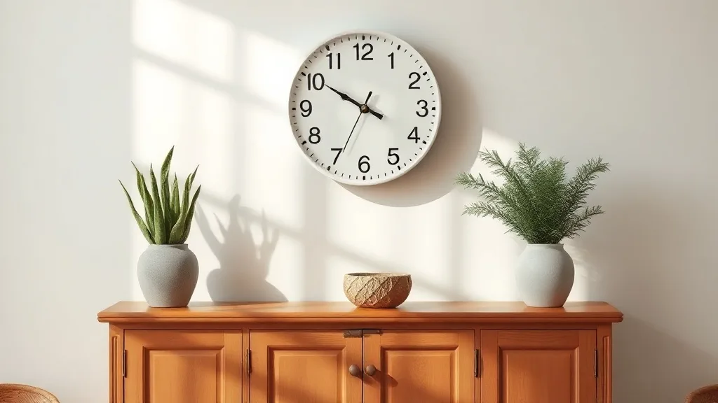 Horloge murale style Ball blanche avec ses rayons en métal et ses boules en bois peint, vue de face sur un mur sobre