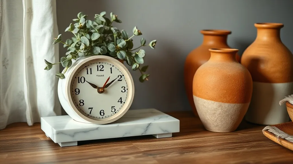 Horloge de bureau ronde en marbre blanc avec aiguilles en cuivre posée sur un meuble en bois ancien
