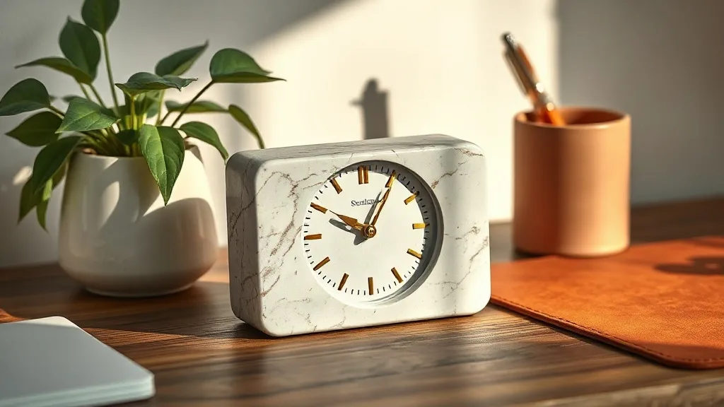Horloge de bureau en béton effet marbre et or : le vrai poids des choses