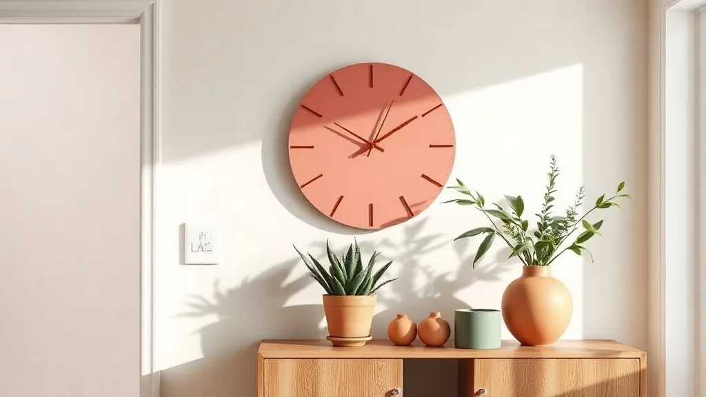 Horloge géométrique Kite rouge corail accrochée sur un mur blanc