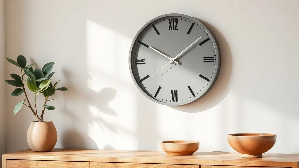 Gros plan sur le cadran gris de l'horloge Andromeda, aiguilles noires fines sur un fond de mur texturé