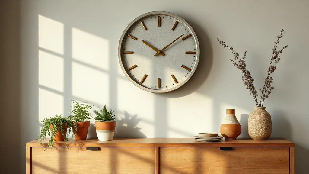 Une horloge murale en béton brut avec des chiffres et des aiguilles en métal doré, fixée par une sangle en cuir sur un mur blanc texturé.