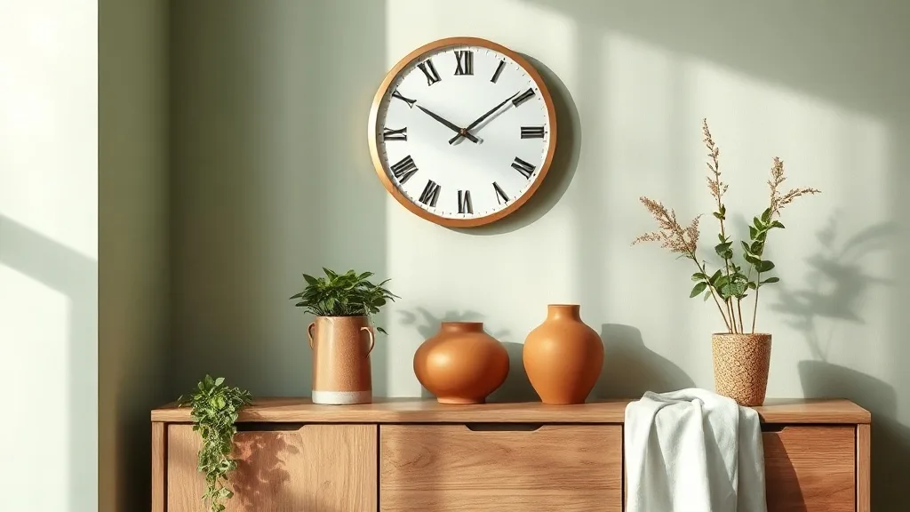 Horloge murale ronde en métal cuivré brossé avec chiffres romains, accrochée sur un mur blanc à côté d'une étagère en bois