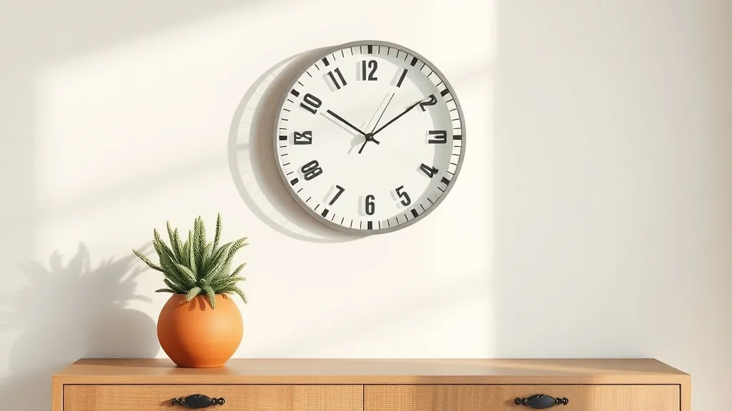 Horloge murale ronde en métal gris avec cadre noir mat et aiguilles fines, fixée sur un mur blanc