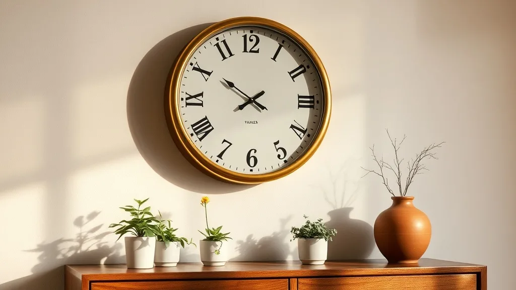 Horloge murale ronde art déco avec cadre en laiton, cadran blanc et aiguilles fines en laiton, suspendue à une lanière en similicuir noir contre un mur clair