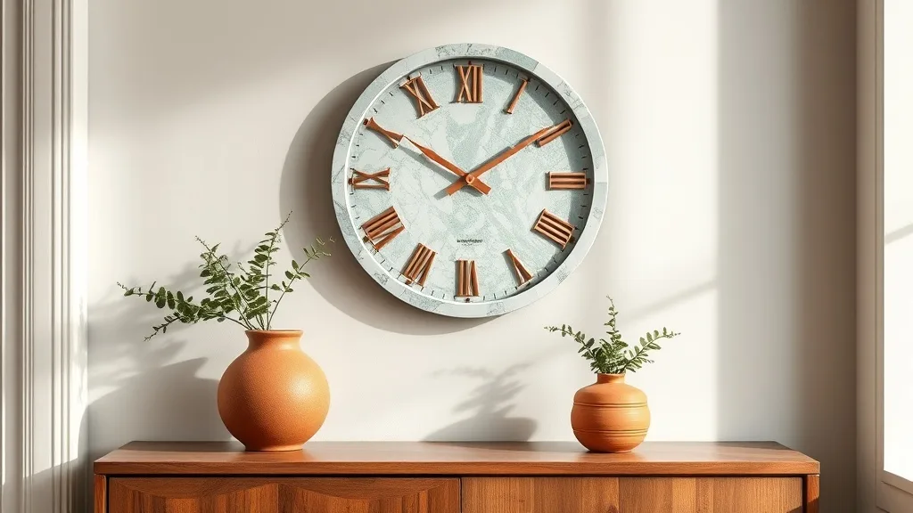 Gros plan sur une horloge murale ronde à effet marbre blanc veiné, aiguilles et index en cuivre brossé, fixée sur un mur à la peinture mate profonde. La lumière du matin fait vibrer le métal.