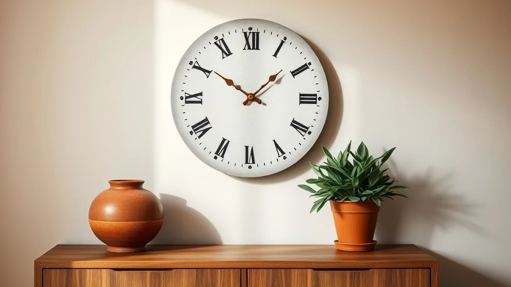 Horloge murale ronde en béton brut avec aiguilles en laiton, accrochée sur un mur blanc