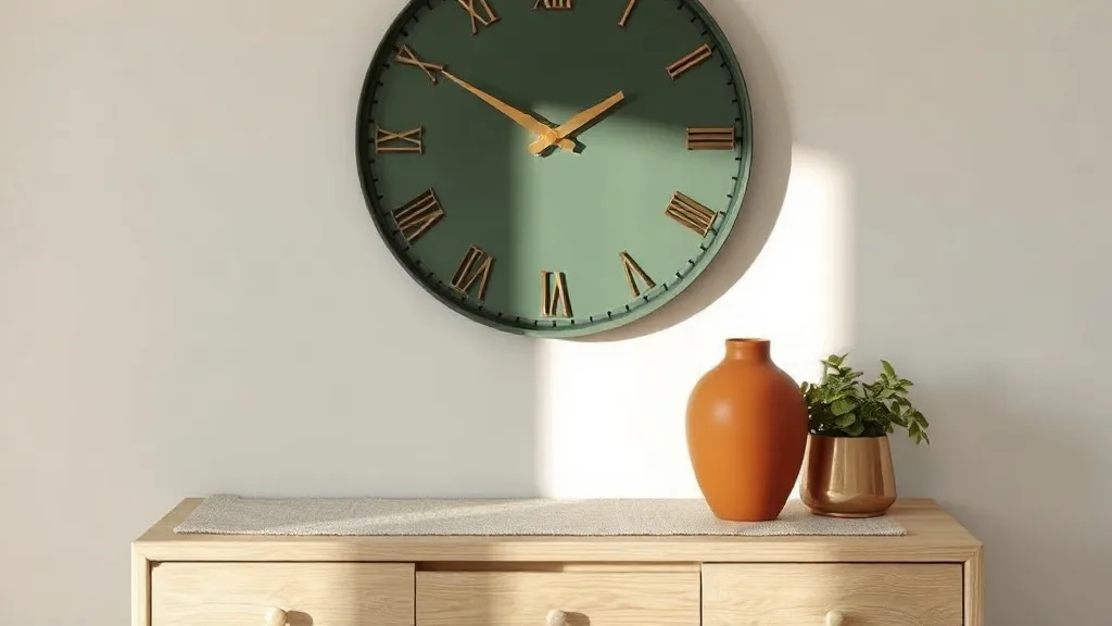 Horloge murale ronde en métal vert et or avec aiguilles dorées sur un mur de briques claires