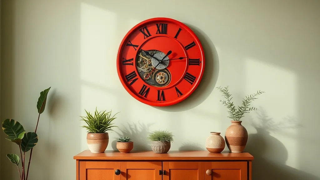 Horloge murale rouge au design sobre avec aiguilles fines et boîtier en acier laqué, accrochée sur un mur blanc, lumière naturelle