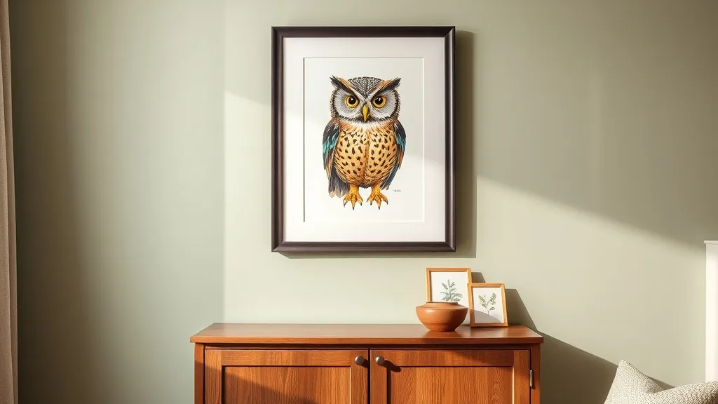 Affiche encadrée de hibou multicolore dans un cadre en bois blanc, accrochée au-dessus d'un petit bureau en bois clair avec une chaise design et une lampe de table