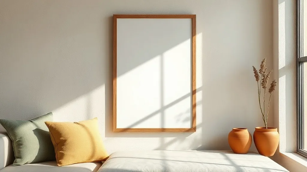 Affiche encadrée art abstrait tons ocre et blanc dans un intérieur sobre, cadre bois clair, lumière douce sur un mur blanc cassé