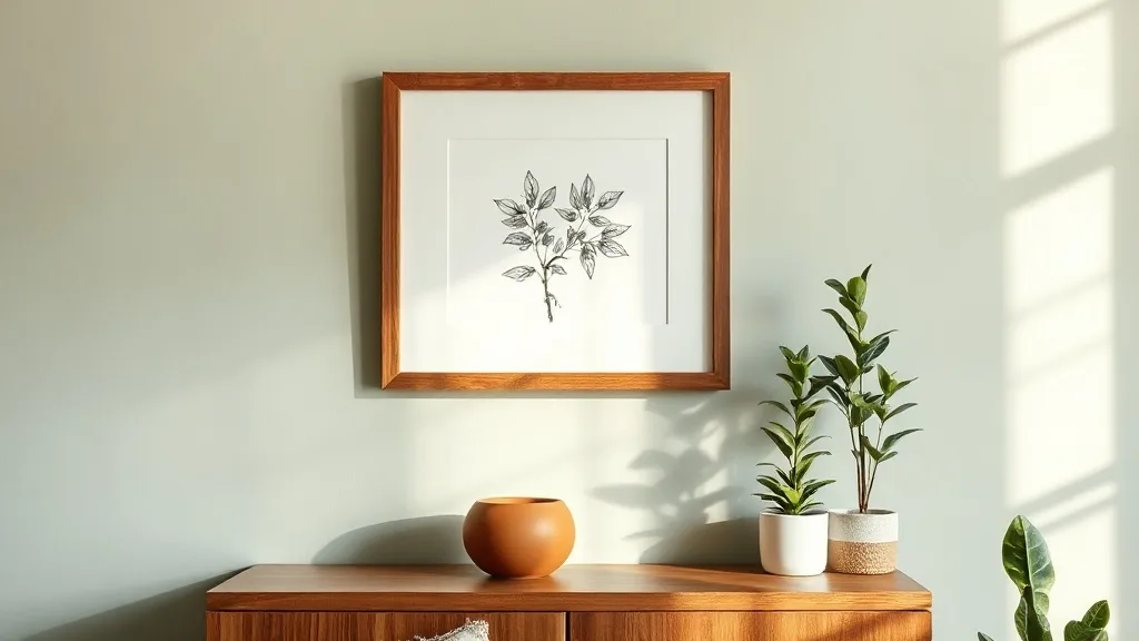 Un cadre en bois noir posé à blanc sur un mur blanc, à côté d'un mètre ruban et d'un niveau à bulle.