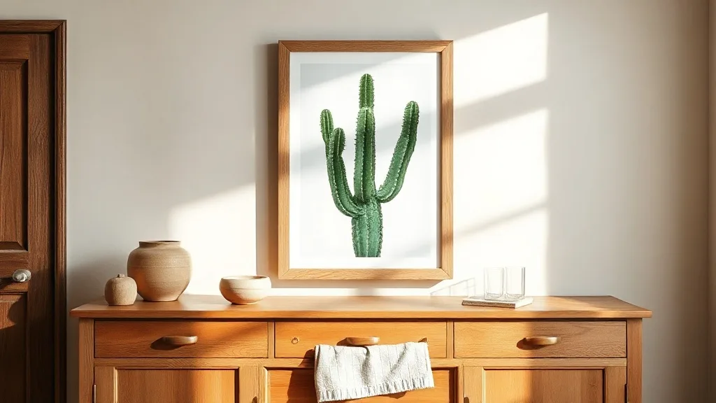 Affiche cactus vert A2 dans un cadre en bois doré, accrochée au mur d'un salon lumineux