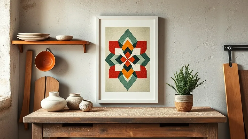 Print cercles multiples multicolore encadré dans un cadre bois blanc appuyé contre un mur en brique
